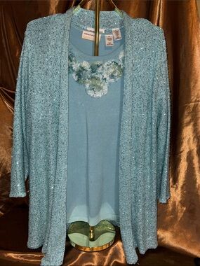 Alfred Dunner Seafoam Blue Knit Cardigan with Matching Shell